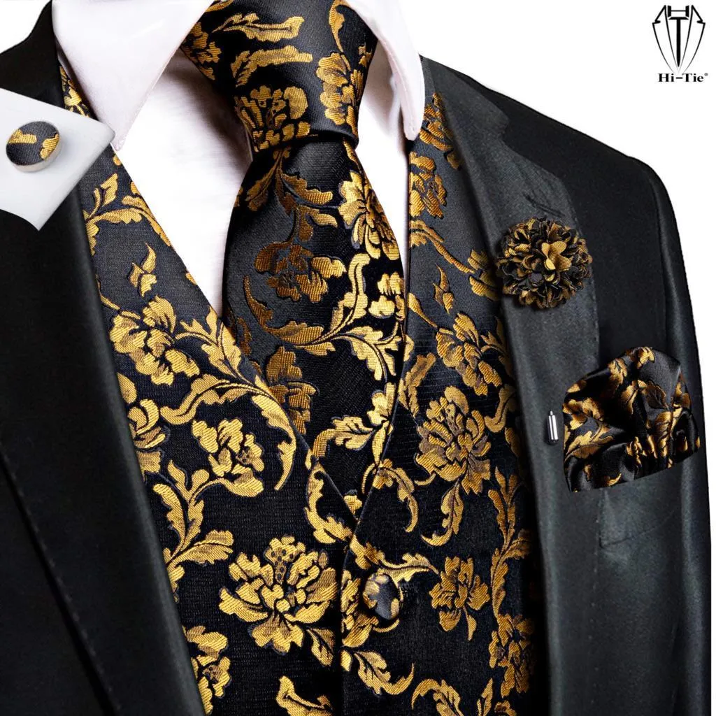 Herrvästar Hi-Tie Luxury Silk Mens Vests Black Gold Floral Jacquard Waistcoat Tie Hanky ​​Cufflinks Brooch Set for Men Pass Wedding Office XL 230809