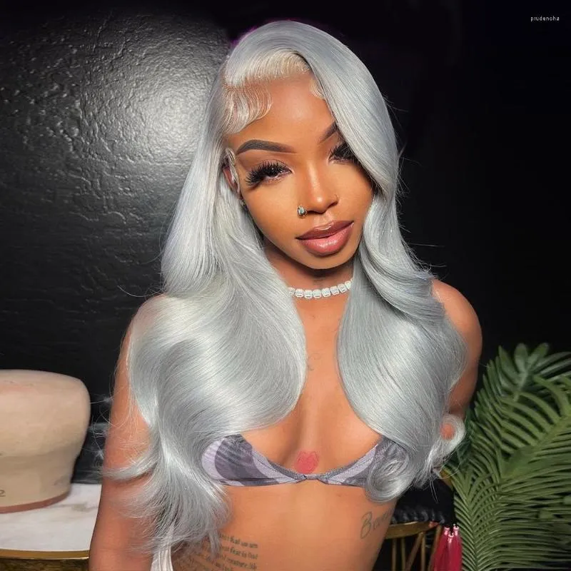 Stunning Grey Body Wave Lace Front Wig for Women - 613 Colored Human Hair with T Part Frontal - Natural Looking Straight Hair - 13x6 Transparent Lace
