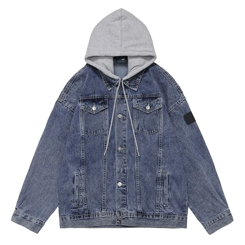 Denim jas heren lente en herfst capuchon high street fashion casual knappe losse nep twee cargo stone jas kleding