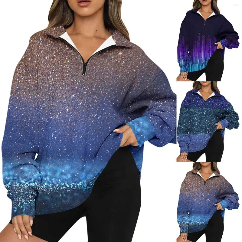 Women's Hoodies Womens Oversized Half Zip Pullover Long Sleeve BlingBling Gradient Print Sweatshirt Quarter Vintage Jogging Outfits Exercise