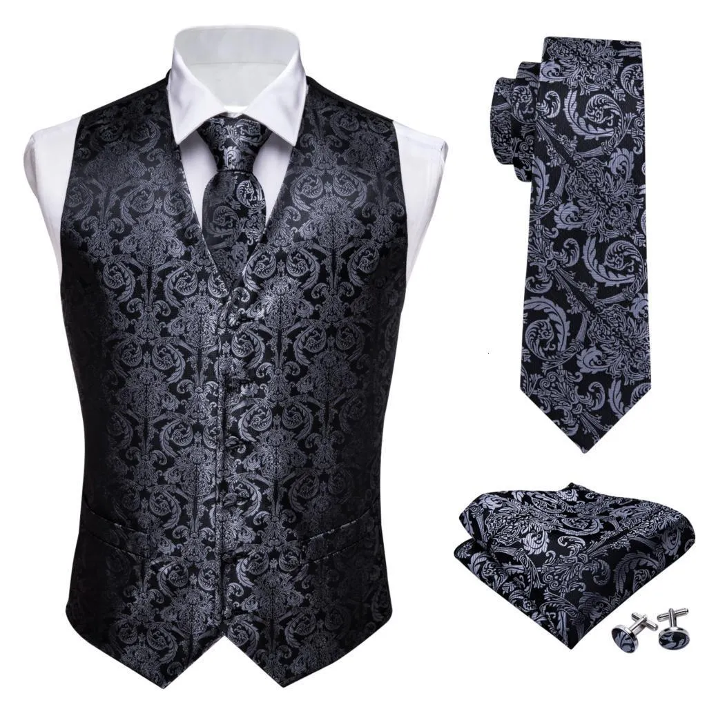 Herrvästar Designer Mens Classic Black Paisley Jacquard Folral Silk Waistcoat Vests Handkakor Tie Vest Suit Pocket Square Set Barry.Wang 230808