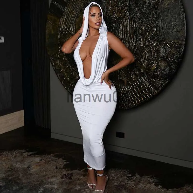 Basic Casual Dresses STYLISH LADY Hooded Long Dress 2023 Summer Women Sleeveless Deep V Neck White Bodycon Sexy Club Party Evening Maxi Dress J2308009