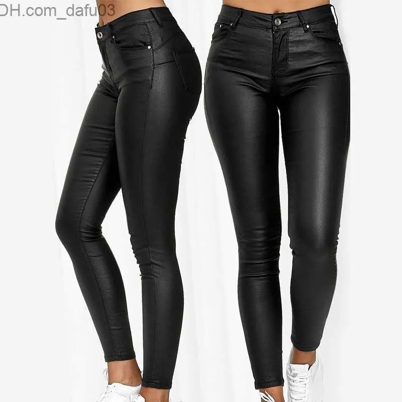 Kvinnor Pants Capris Spring Women's Pu Leather Pants Black Sexy Elastic Bodycon Trushers Women's High midja Long Casual Pencil Pants Plus Size S-3XL Z230809