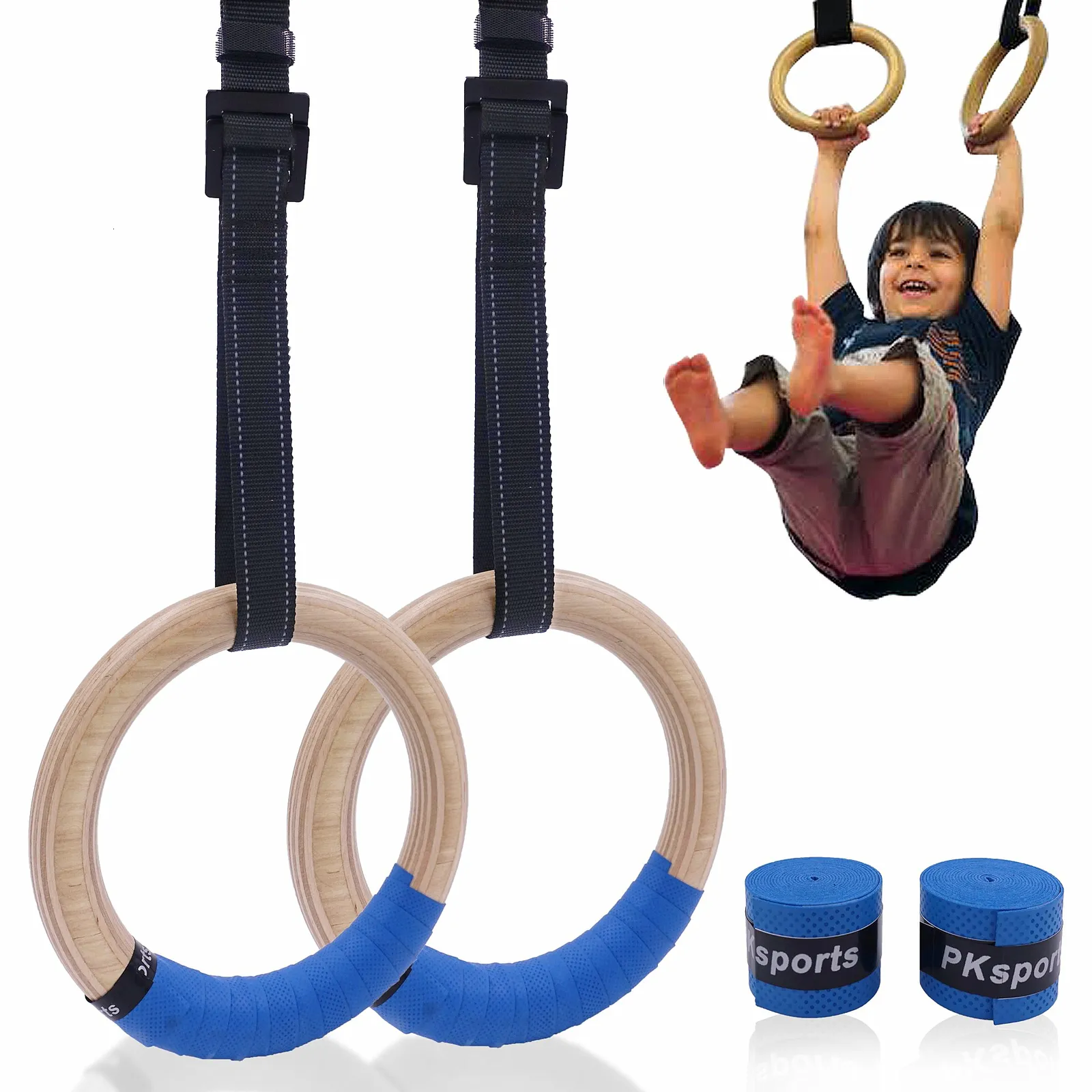 PULLUP & DIP Premium Turnringe Holz, Gym Rings Gymnastikringe, Turnerringe für Calisthenics, Breite Befestigungsgurte mit Markierungen Türanker Transportbeutel eBook (runde Ringe Set