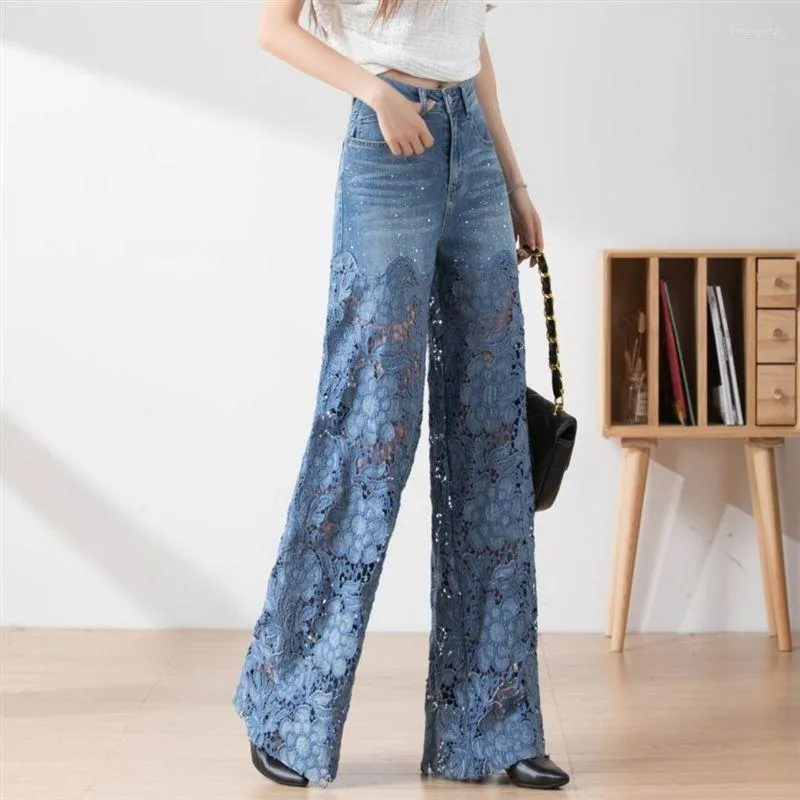 Jeans feminino SuperAen cintura alta jeans perna larga para mulheres primavera verão 2023 moda estilo alça renda emenda
