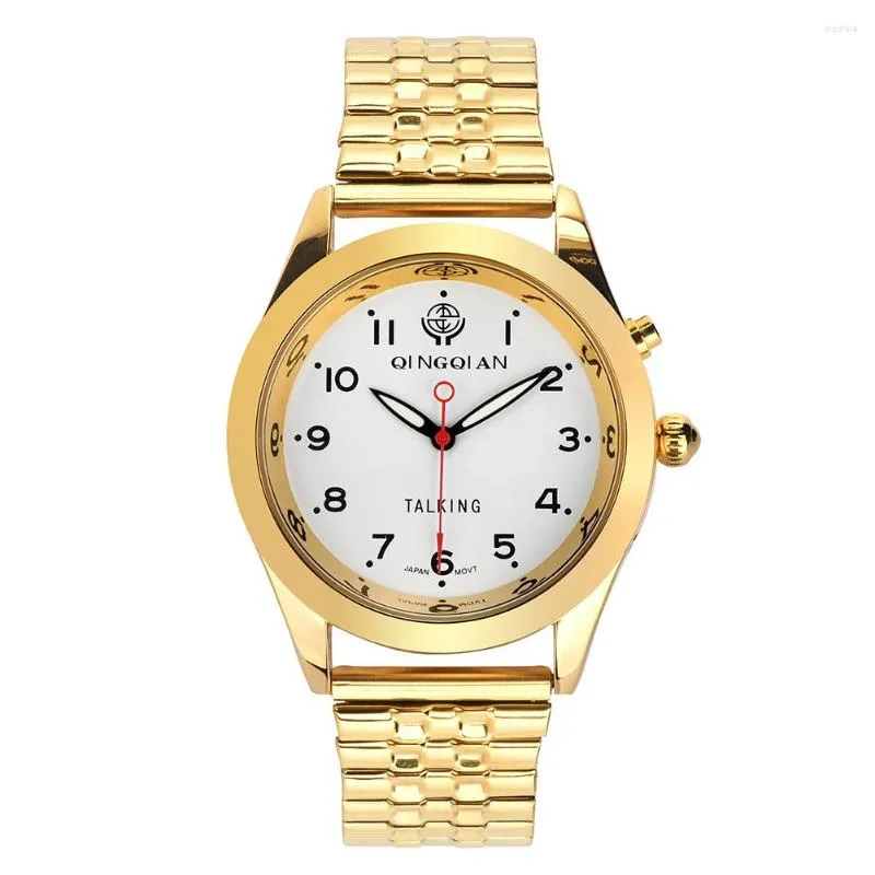 Wristwatches QINGQIAN German Talking Watch Gold And Silver Alloy Case Stainless Steel Strap