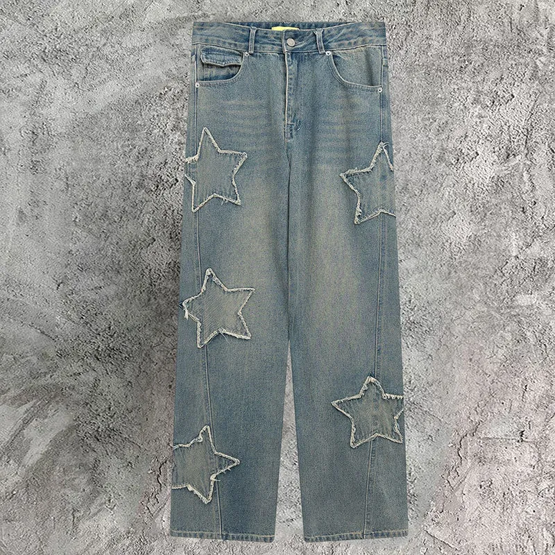 Herr jeans retro stjärnmönster färg kontrast sömmar dragkedjor män jean hombre streetwear denim byxa kläd casual pantalones homme 230809