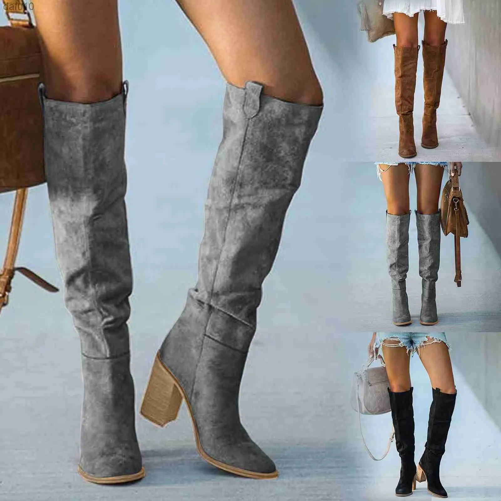 Женские модные повседневные винтажные ретро длинные коленные ковбойские ботинки квадратные туфли на каблуках модные универсальные женские ботинки L230704