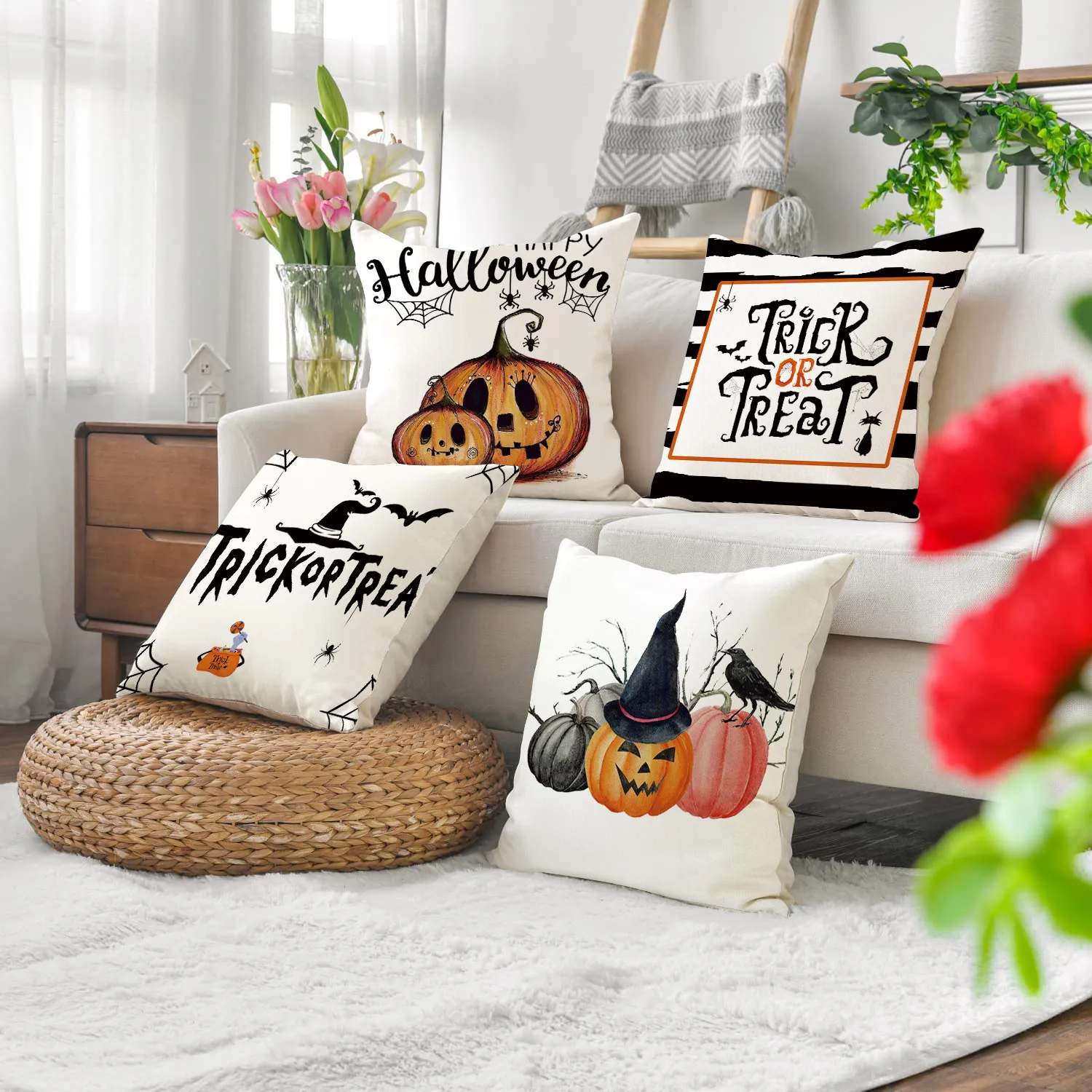 Halloween Pillow Covers 18x18 Inch Ghost Pumpkins Linen Pillowcase Holiday Farmhouse Throw Pillows Indoor Outdoor Couch Cushion Case for Home Sofa Decor