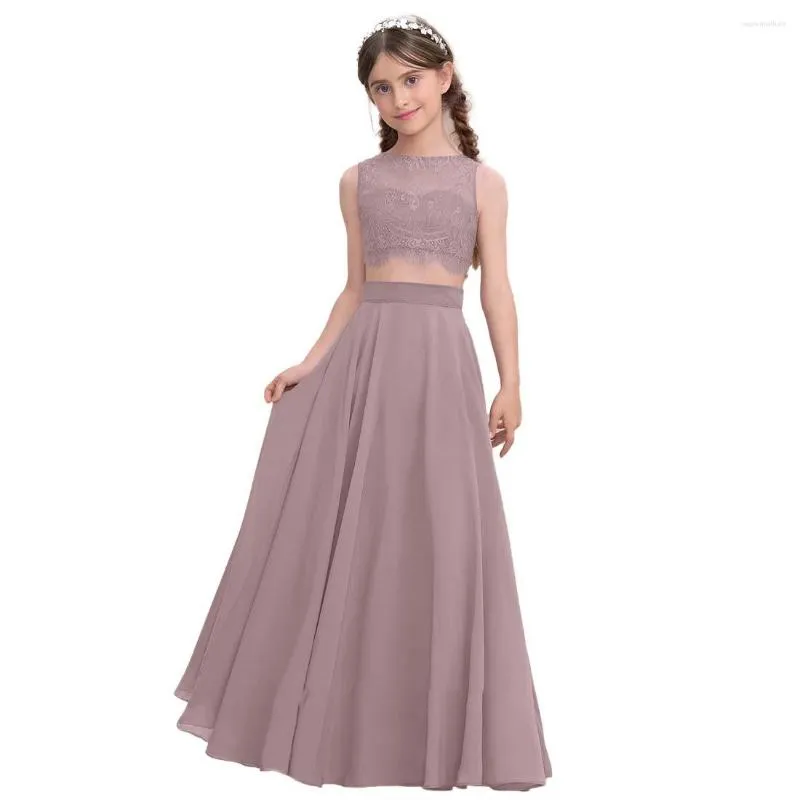 Vestidos de menina YZYmanualroom Vestido de dama de honra júnior Uma linha colher Comprimento até o chão Renda Chiffon Vestidos de banquete finos elegantes à noite