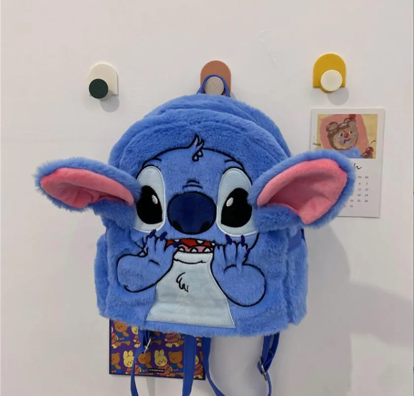 Dessin animé étudiant bleu en peluche et sac à dos en polyuréthane fille mignon fermeture éclair grande capacité étudiant fille sac à dos