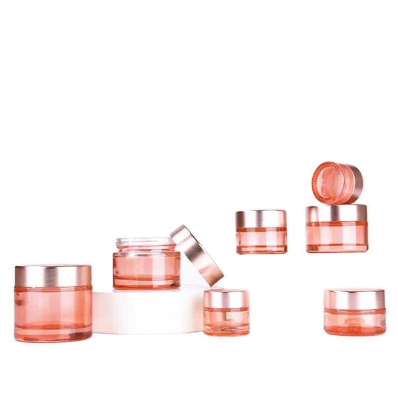 Rosa Glas-Gesichtscremetiegel, leere dicke Glasflasche, kosmetischer Cremetiegel, nachfüllbarer Reisebehälter mit roségoldenem Deckel und Inneneinlagen, 5 g, 10 g, 15 g, 20 g, 30 g, 50 g, 60 g, 100 g