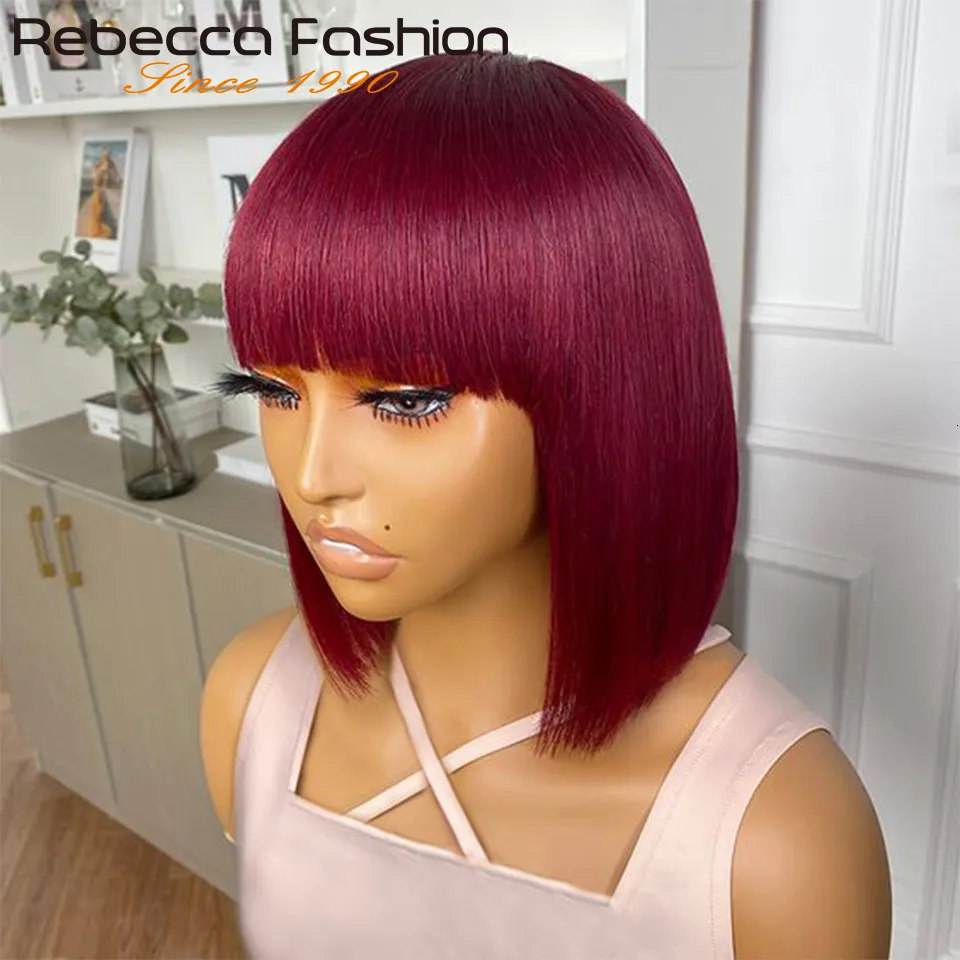 Synthetische pruiken 99J Gekleurd Kort 180D Recht Braziliaans menselijk haar Bobkapsel met pony Remy Full Machine Made for Women Hightlight Burgundy 230808