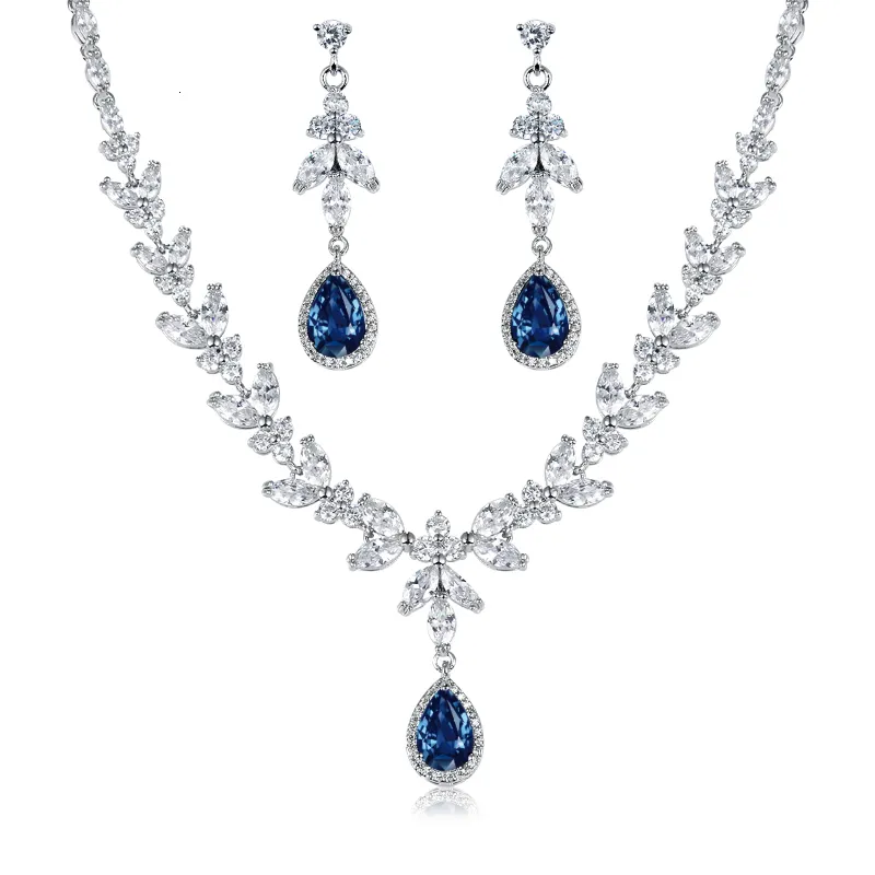 Set di gioielli da sposa WEIMANJINGDIAN Brand Blue Teardrop e Marquise Cut Cubic Zirconia CZ Crystal Collana Orecchini Set da sposa 230808