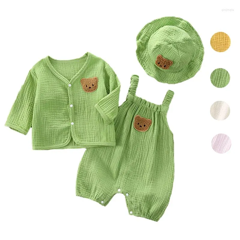 Kläderuppsättningar Småbarn Jumpsuit Baby Girl Clothes Set Cotton Söt björngrön spädbarn pojke kläder födda överaller koreanska kapphatt barn kostym