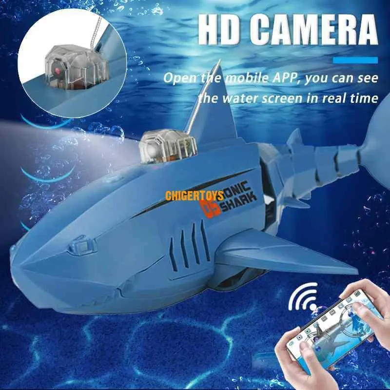 Animais RC elétricos engraçados 2 4 GHz RC Tubarão Subaquático com Câmera HD Robôs de Controle Remoto Banheira Piscina Brinquedos Elétricos para Crianças Meninos Crianças 230808