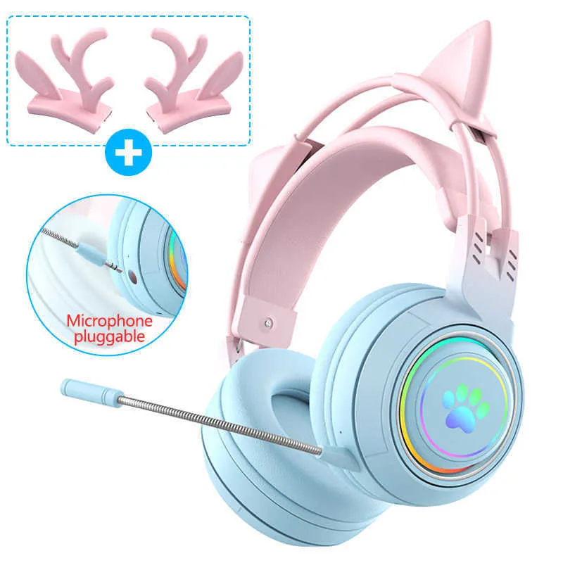 Head-Mounted Wireless Cat Ear Headset Pluggable Enc Microphone Rgb Dynamic Atmosphere Lamp Give Away 2 Kinds Of Ears Cute Gift HKD230809