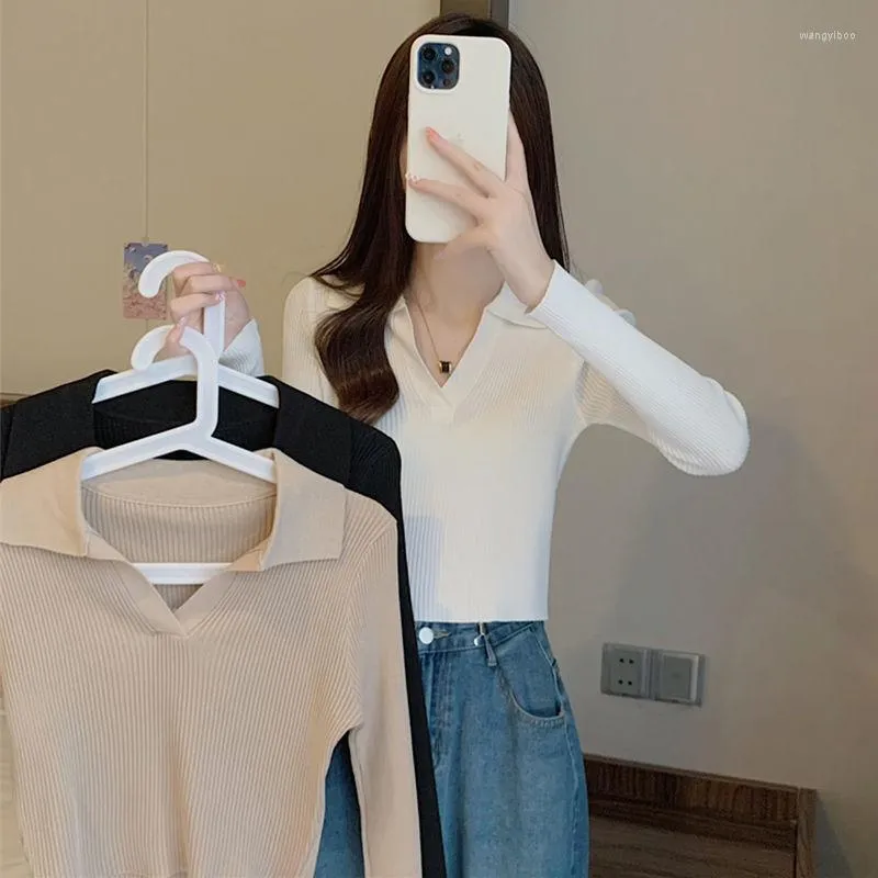 Kvinnors tröjor Basic Tshirts långärmad pullover toppar stickning ribbade svarta kläder vintage solid chic koreanska modehoppare