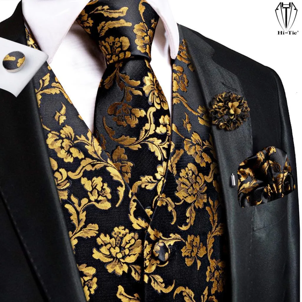 Chalecos de hombre Hi-Tie Chalecos de seda de lujo para hombre Chaleco de jacquard floral de oro negro Corbata Gemelos de pañuelo Conjunto de broche para hombre Traje Boda Oficina XL 230808