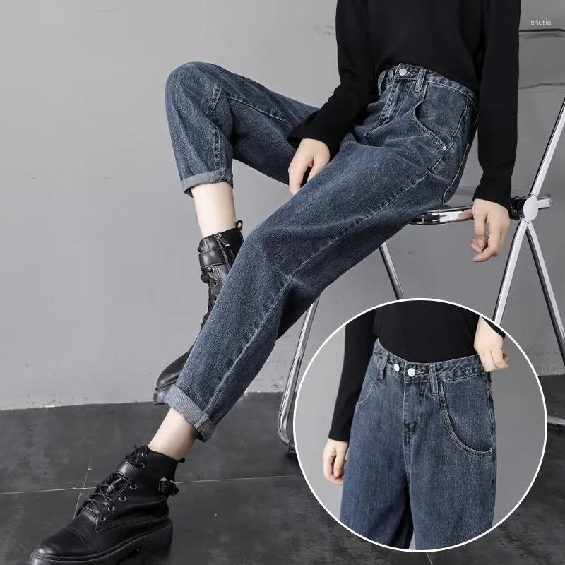 Frauen Jeans Herbst Winter Hosen Korea Amerika Lange Schwarz Grau Denim Harem Hohe Taille Elastische Lose Fit