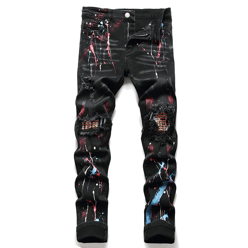 Herren Schwarze Streetwear Fashion Distressed Skinny Stretch Destroyed Holes Jeans Ripped Patches Paint Splash Slim Hose