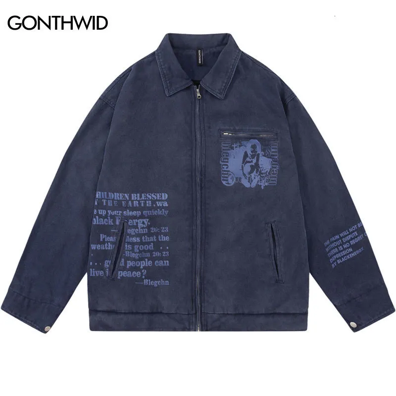 Mens Jackets Vintage Blue Coat Streetwear Hip Hop Retro Japanease Cartoon Girl Graphic Letter Print Fashion Punk Zipper Loose Coats 230808