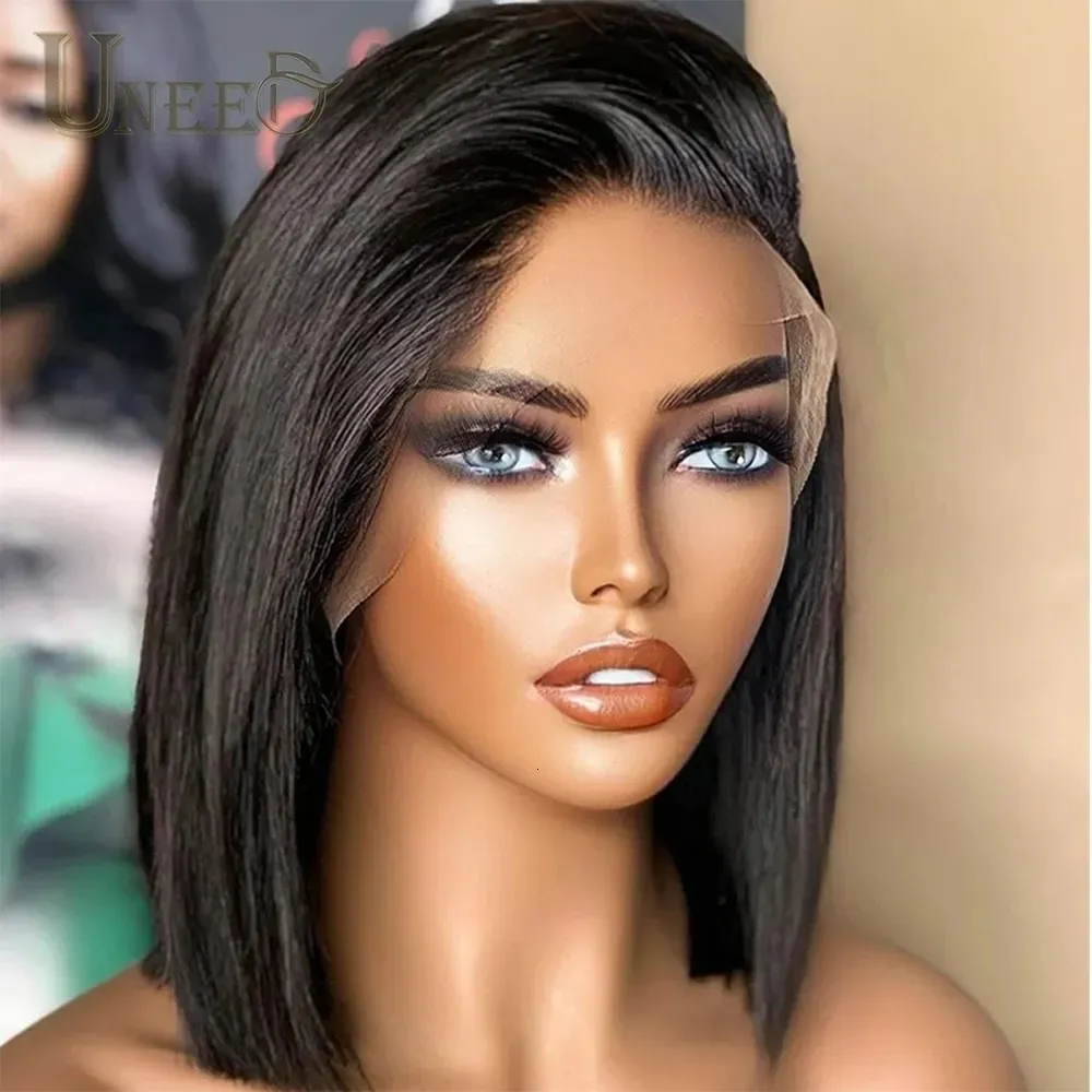 Perruques synthétiques 4x4 Bob Lace Closure Wig Indian Straight Human Hair pour les femmes noires 4x1 Highlight Bob Lace Front Perruques de cheveux humains Blunt Cut Wig 230808