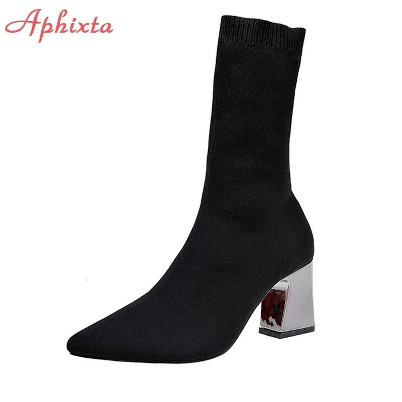 Stövlar Aphixta Metal Color 7cm Square Heels Socks Boots Women Big Size 43 Stretch Fabric Elastic Pointed Toe Shoes Ankel Boot Woman 230809