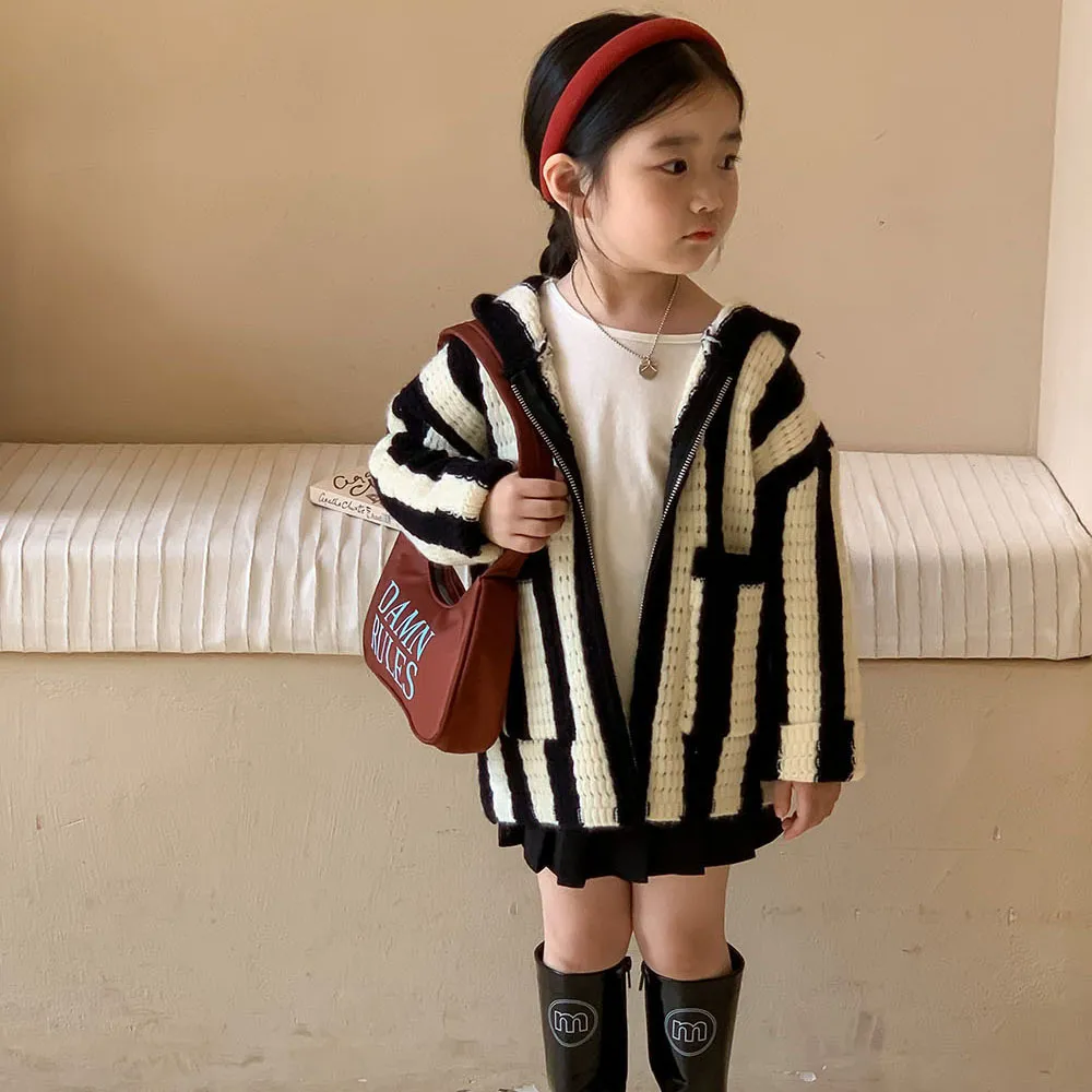 Pullover Hooded Sweater Girls Coat Lovely 2023 Spring Autumn Korean Version Striped Casual Allmatch Kids Tops for 230809
