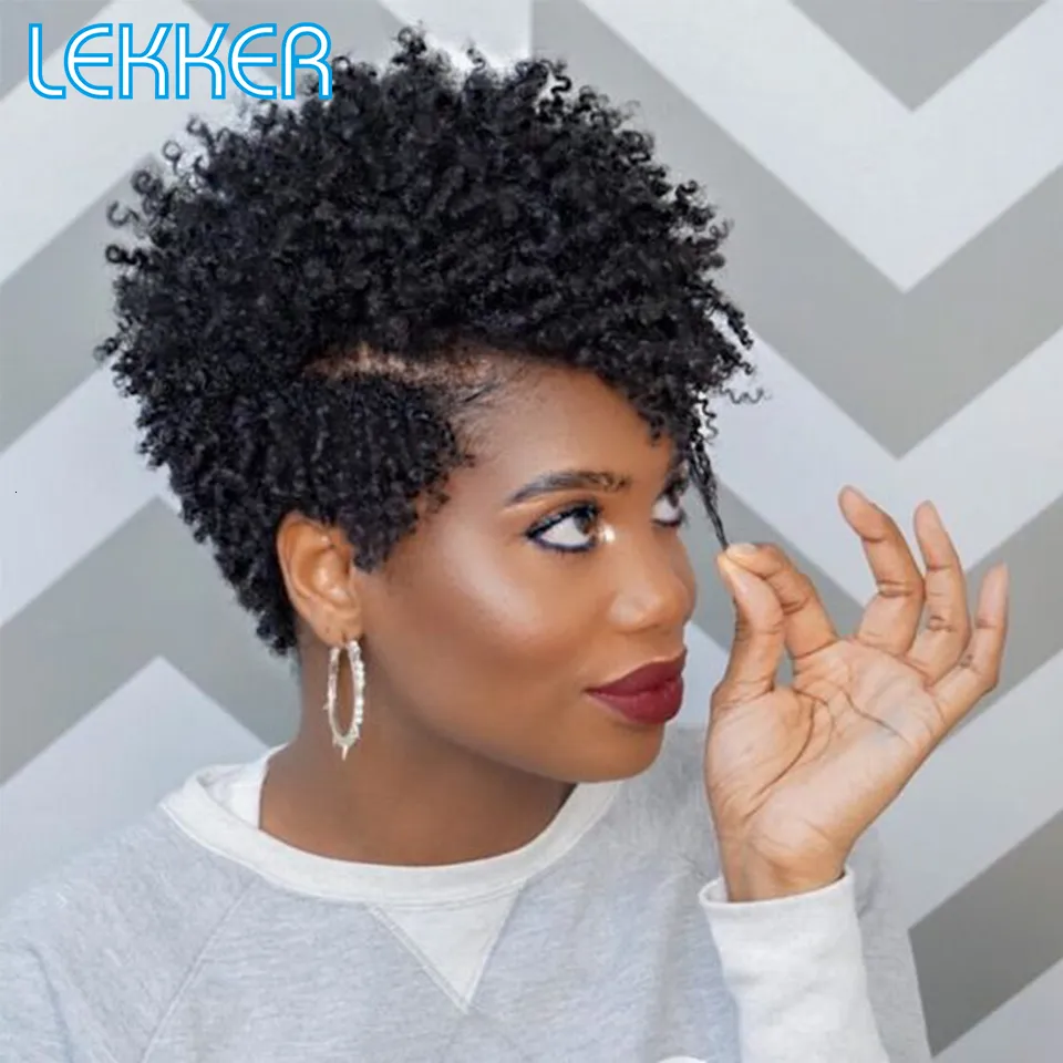 Perruques synthétiques Lekker perruques de cheveux humains bouclés courts pour les femmes noires Pixie Bob Afro Kinky brésilien Remy partie naturelle côté avec frange perruques 230808