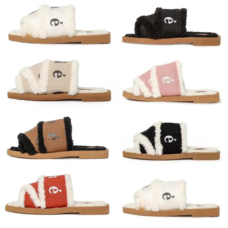 Woody Mules Kadın Tasarımcı Terlik Slaytlar Sandalet Kürk Tuval Shearling Moda Düz Beyaz Yelken Kadın Açık Plaj Pantoufle Kış Terlik Sandal 35-42