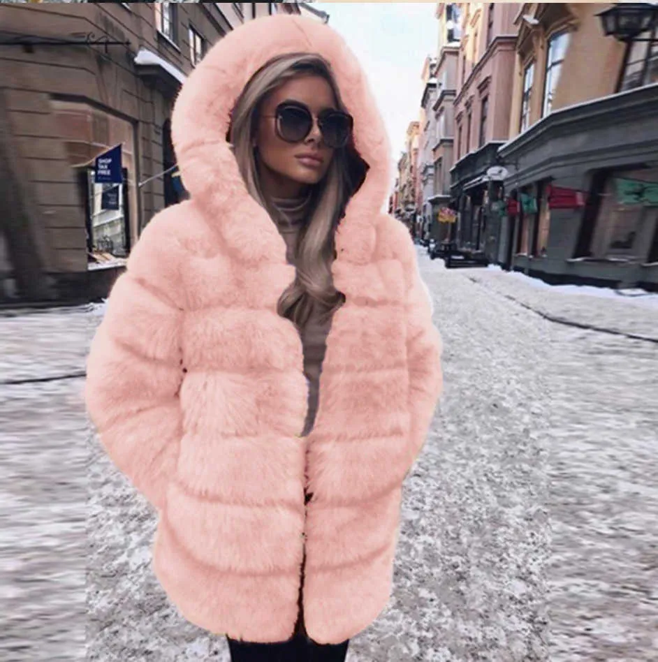 【使い勝手の良い】 DHgate.com:2024 Winter Fluffy Hooded Coat Fur Faux Womens ジャケット・アウター