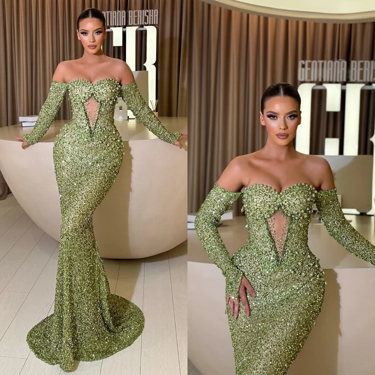 Mermaid Green Sequins Evening Dresses Off Shoulder Keyhole Neck Pearls Party Prom Formal Long Red Carpet Dress For Special Ocn