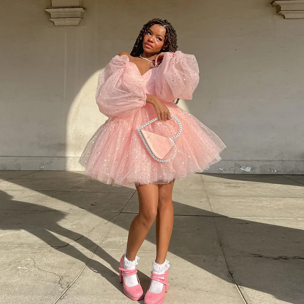 Glitter Pink Puffy Homecoming Dresses Off the Shoulder Long Sleeve Mini Prom Party Gown Pleat Layered Robe De Cocktail