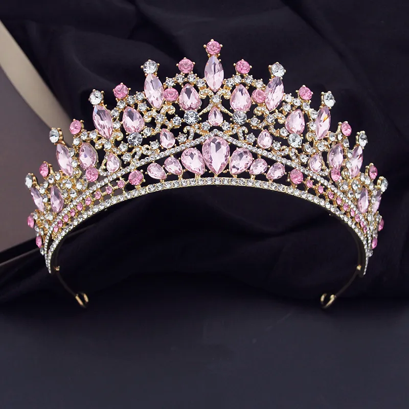 Biżuteria ślubna luksusowy różowy kryształowy ślub korona królewska królowa tiary na głowę dziewczęta PROM Małże norca panna młoda diadem biżuteria do włosów akcesoria 230808