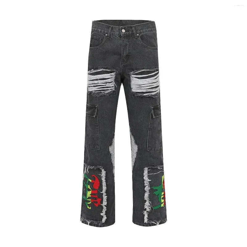 Mäns jeans vintage broderi last Mikro flare kant frayed lapptäcke veckad bred jean hiphop förstörde tvättade denimbyxor