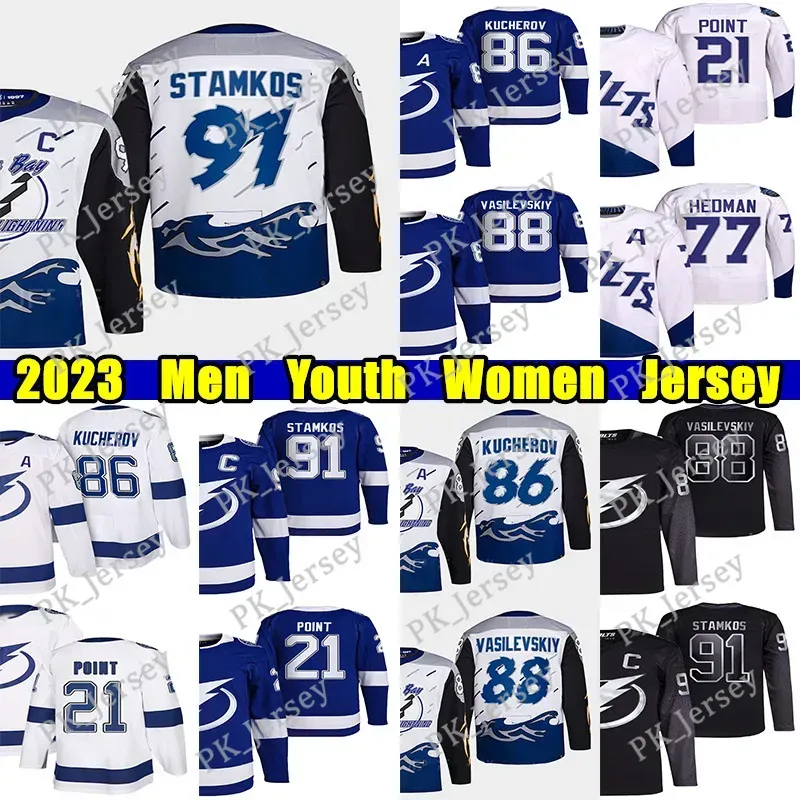 Aangepaste mannen vrouwen jeugd kinderen Tampa''Bay''Lightning'' jersey 86 Kucherov 88 Vasilevskiy Brayden Point Victor Hedman Sergachev Jeannot jerseys volledige