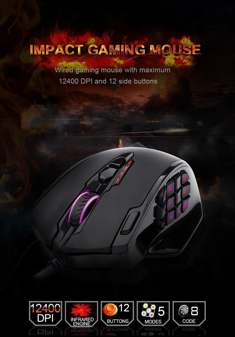  Redragon M908 Impact RGB LED MMO Gaming Mouse with 12 Side  Buttons, Optical Wired Ergonomic Gamer Mouse with Max 12,400DPI, High  Precision, 20 Programmable Macro Shortcuts, Comfort Grip : Video Games
