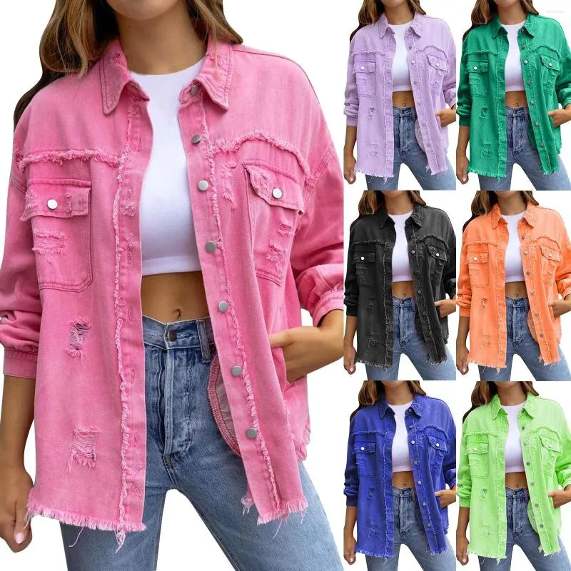 Vestes pour femmes pour femmes à la mode déchiré surdimensionné Denim veste avec poche décontracté solide revers bouton hauts petit ami en détresse