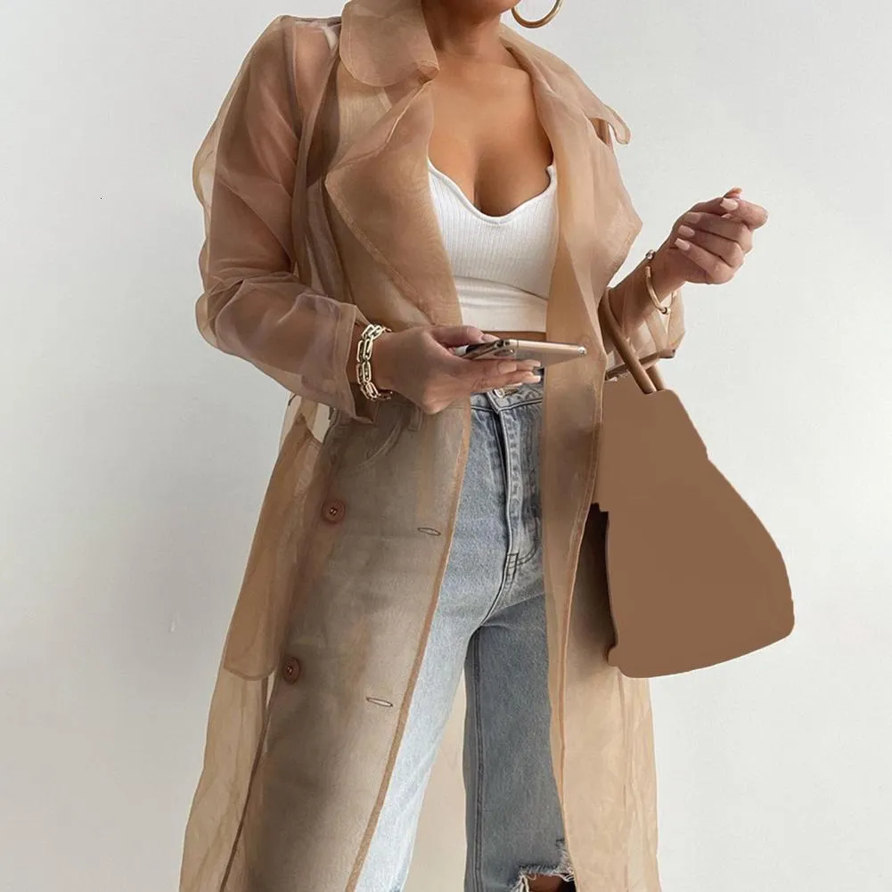 Trench coat da donna Fashion See Through Outdoor Top Lace Up Spring Solid Sheer Mesh Manica lunga abbottonata con cintura Camicie eleganti 230808