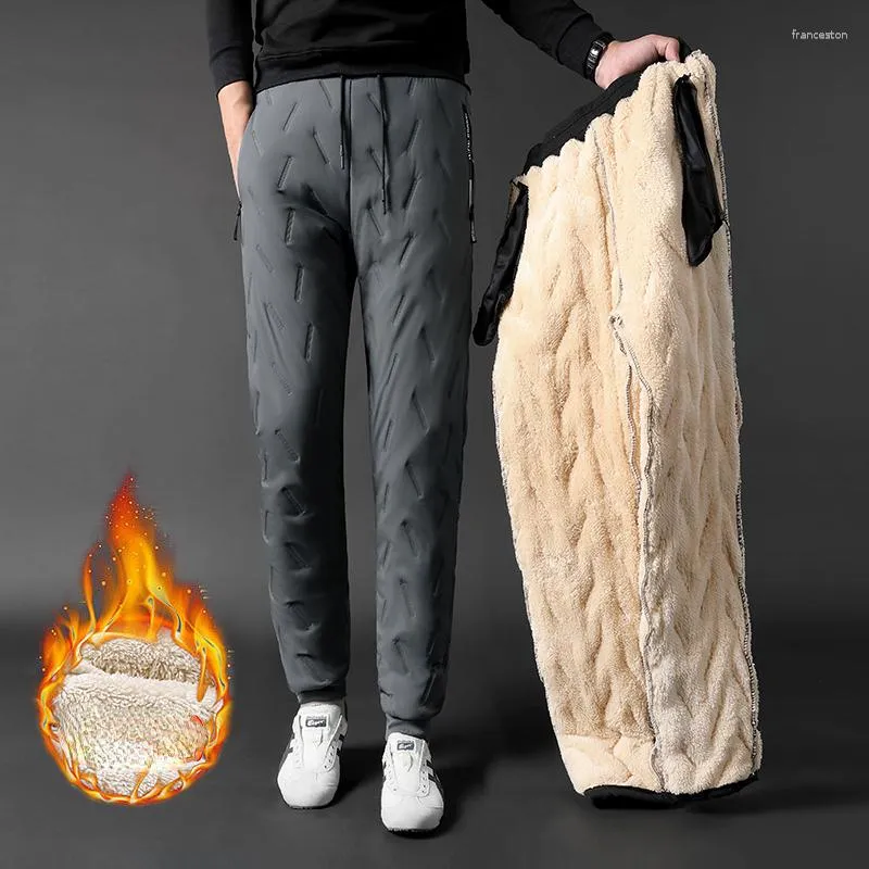 Pantalones de invierno para hombre, pantalones térmicos de lana gruesa para mantener el calor a prueba de agua, pantalones de chándal negros y grises para hombre, pantalones de chándal informales de lana de cordero