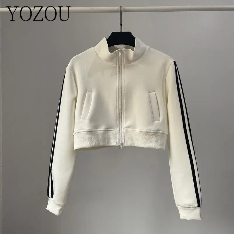 Womens Jackets YOZOU White Black Green Blue Gray Striped Cropped Baseball Jacket Cardigan Women Zip Sweatshirt Sports Style Casual Outerwear 230808