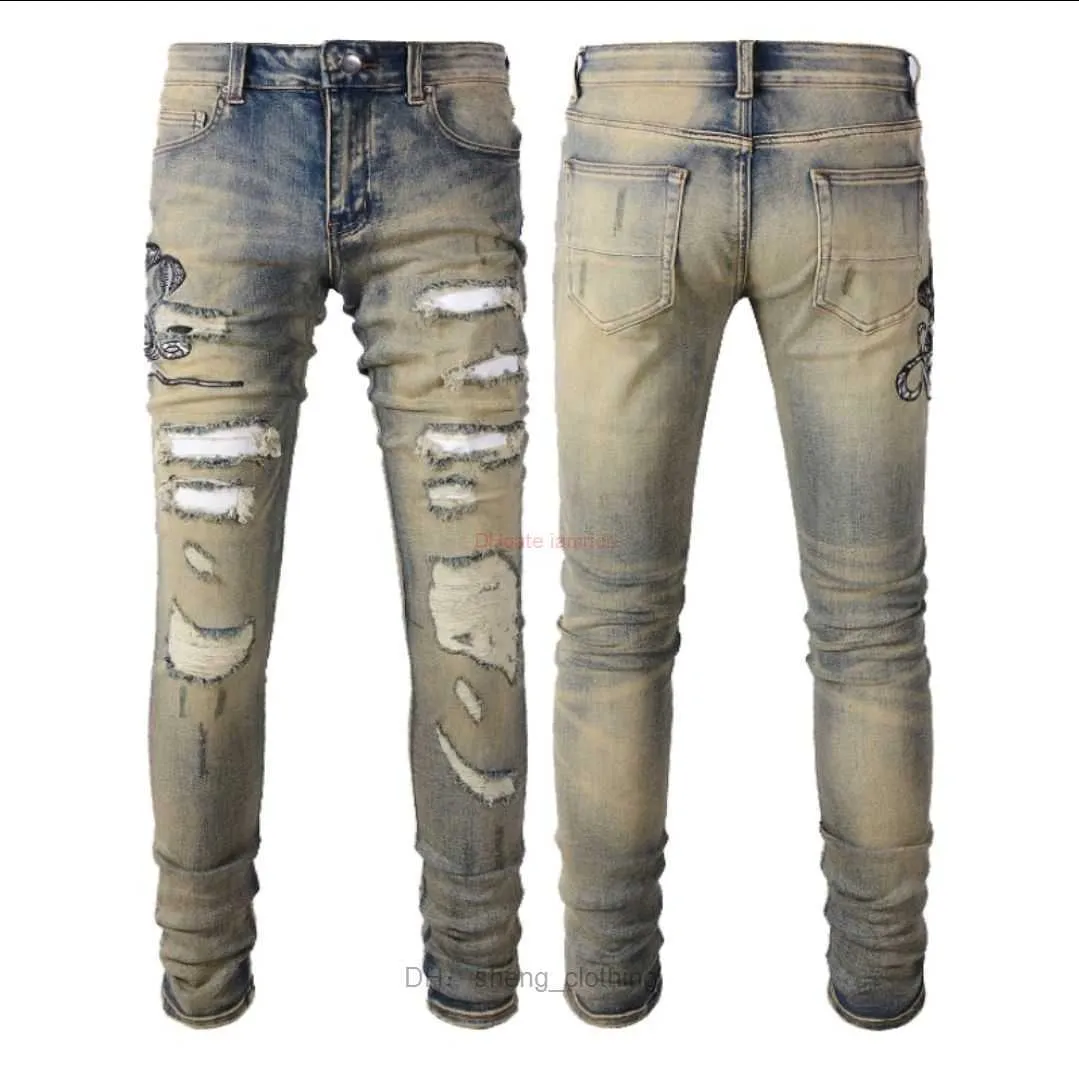 Dżinsy męskie Amri Designer Odzież Amires Denim Pants Amies High Street Fashion Brand Mens Wąż z złamanymi dziurami Nostalgiczne porysowane stopy E