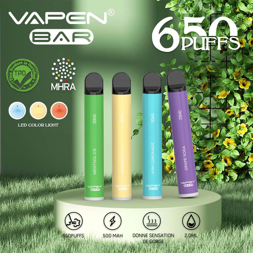 VAPEN BAR TPD Cerficated Disposable Vape Pen E-Cigarettes Kits 650Puffs 2.0ml Capacity 20mg 2%NIC 500mAh Battery Cigs Vaporizer Pre-Filled Vapor EU UK USA Wholesale