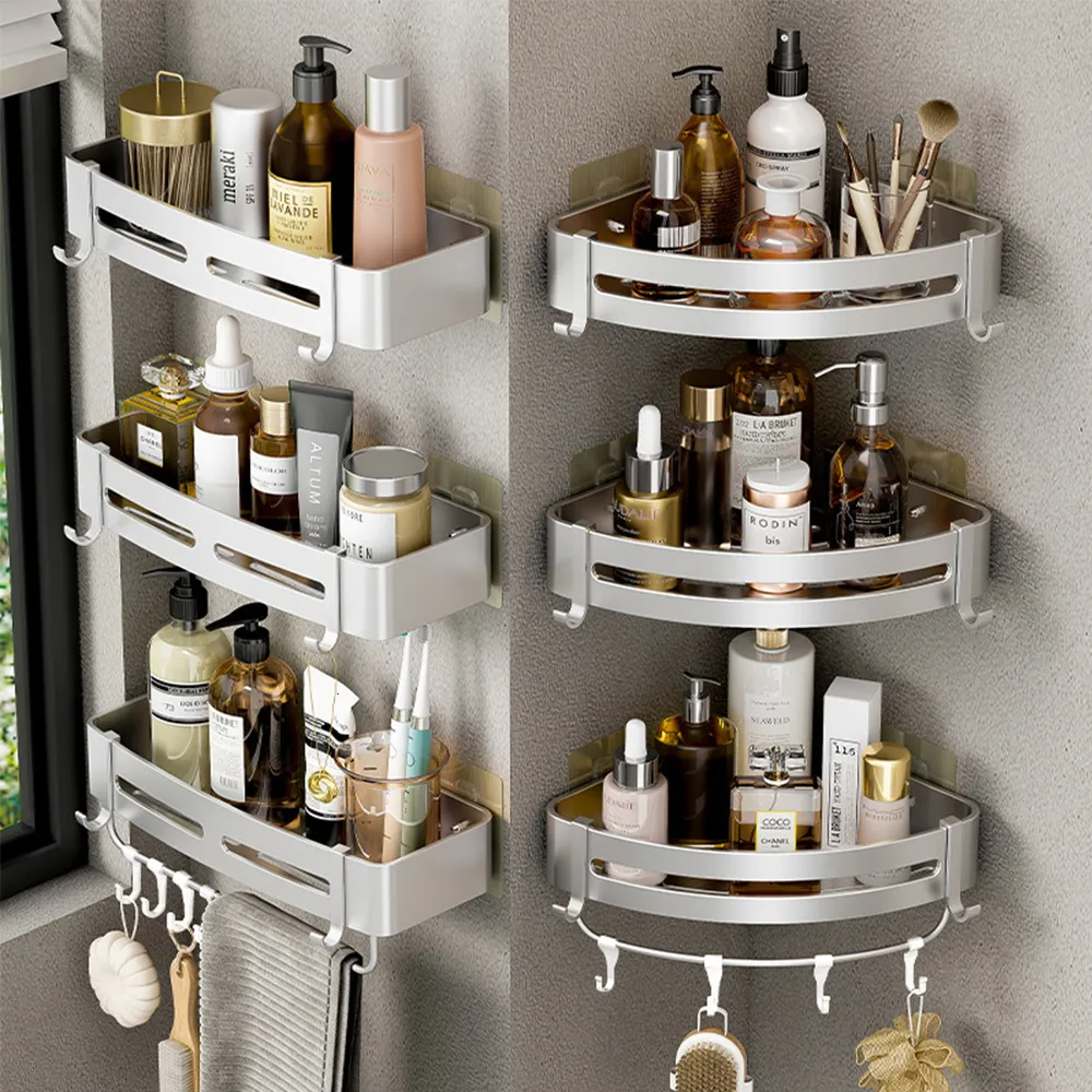 Étagères de salle de bain douche étagère d'angle stockage pas d'espace de perçage adhésif en aluminium sur le support de support de shampooing mural 230809