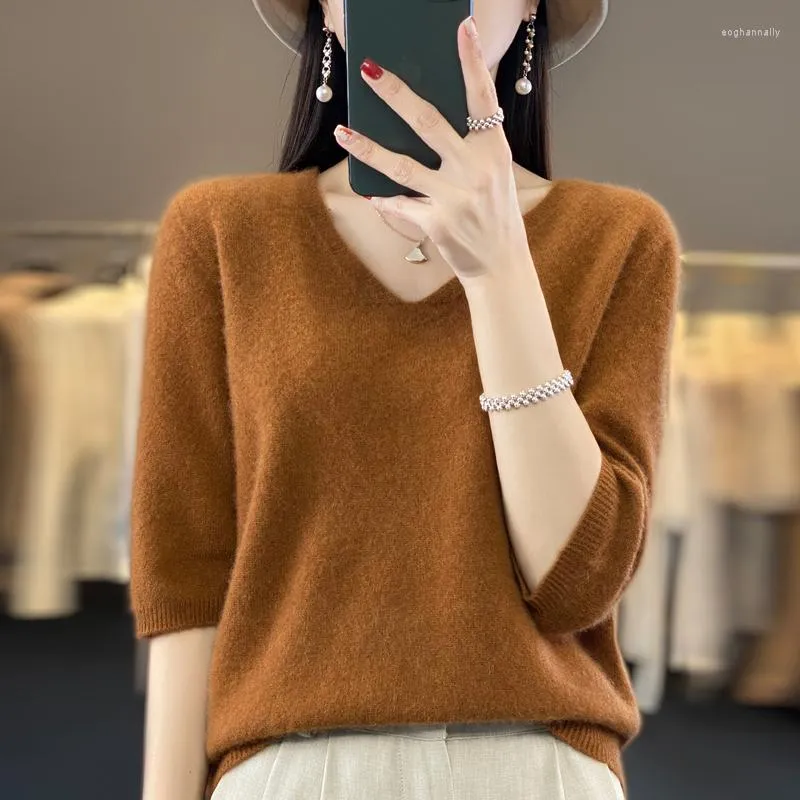 Damestruien V-hals Wol Korte mouwen Koreaans Modieus Elegante stijl Effen kleur Pullover Sweater T-shirt Veelzijdige top