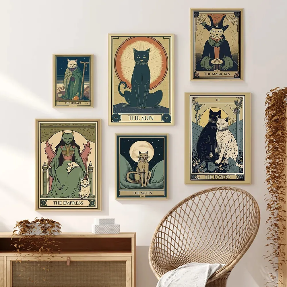 The Sun Moon Lovers Magician Tarot Card Canvas Måla väggkonstälskare Gift Cat Boho -affischer och tryck retro Bild för vardagsrumsheminredning ingen ram WO6