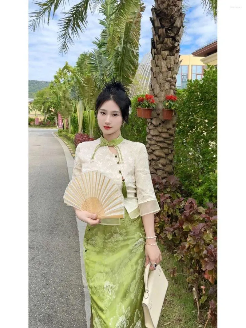 Ropa étnica 2023 verano modificado Cheongsam estilo chino vestido de pie cuello manga corta Delgado Qipao mujer elegante Vintage