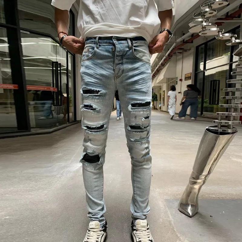 Mens Jeans High Street Fashion Men Retro Light Blue Stretch Skinny Fit Ripped Leather Patched Designer Hip Hop Brand Pants 230809