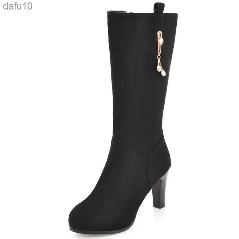 Flock Women Buty Mid-Calf Fashion Classic High Heels Buty żeńskie luksusowe kryształowe czarne buty imprezowe jesienne zimowe obuwie L230704